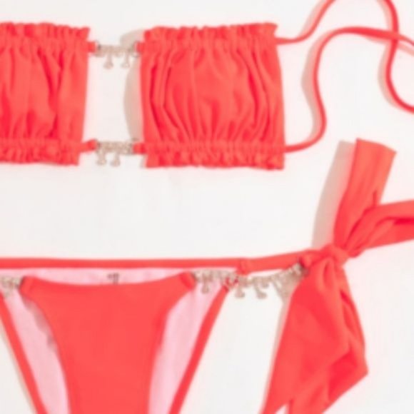 Stasia Booblicious Neon Coral Dangling Rhinestone Charm String Bikini - Picture 8 of 12